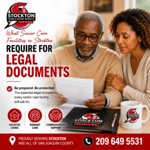 Family meeting with a mobile notary at a senior care facility in Stockton to review legal documents for assisted living admission in San Joaquin County