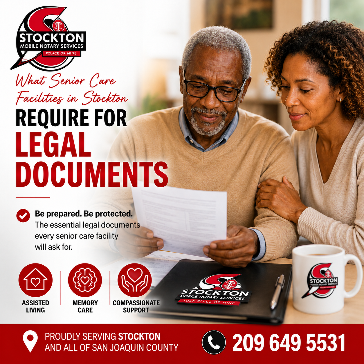 Family meeting with a mobile notary at a senior care facility in Stockton to review legal documents for assisted living admission in San Joaquin County